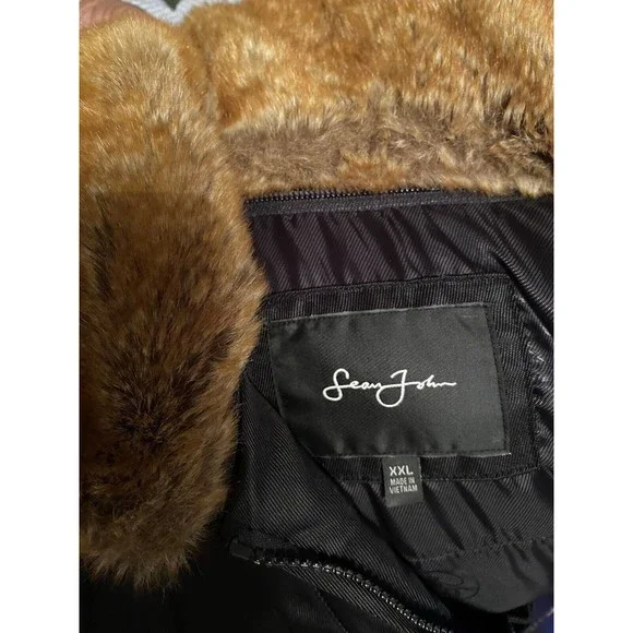 Sean John Mens Bomber Jacket Sz 2x Black Faux Fur Brown Collar Heavy Duty Vented - Picture 11 of 12